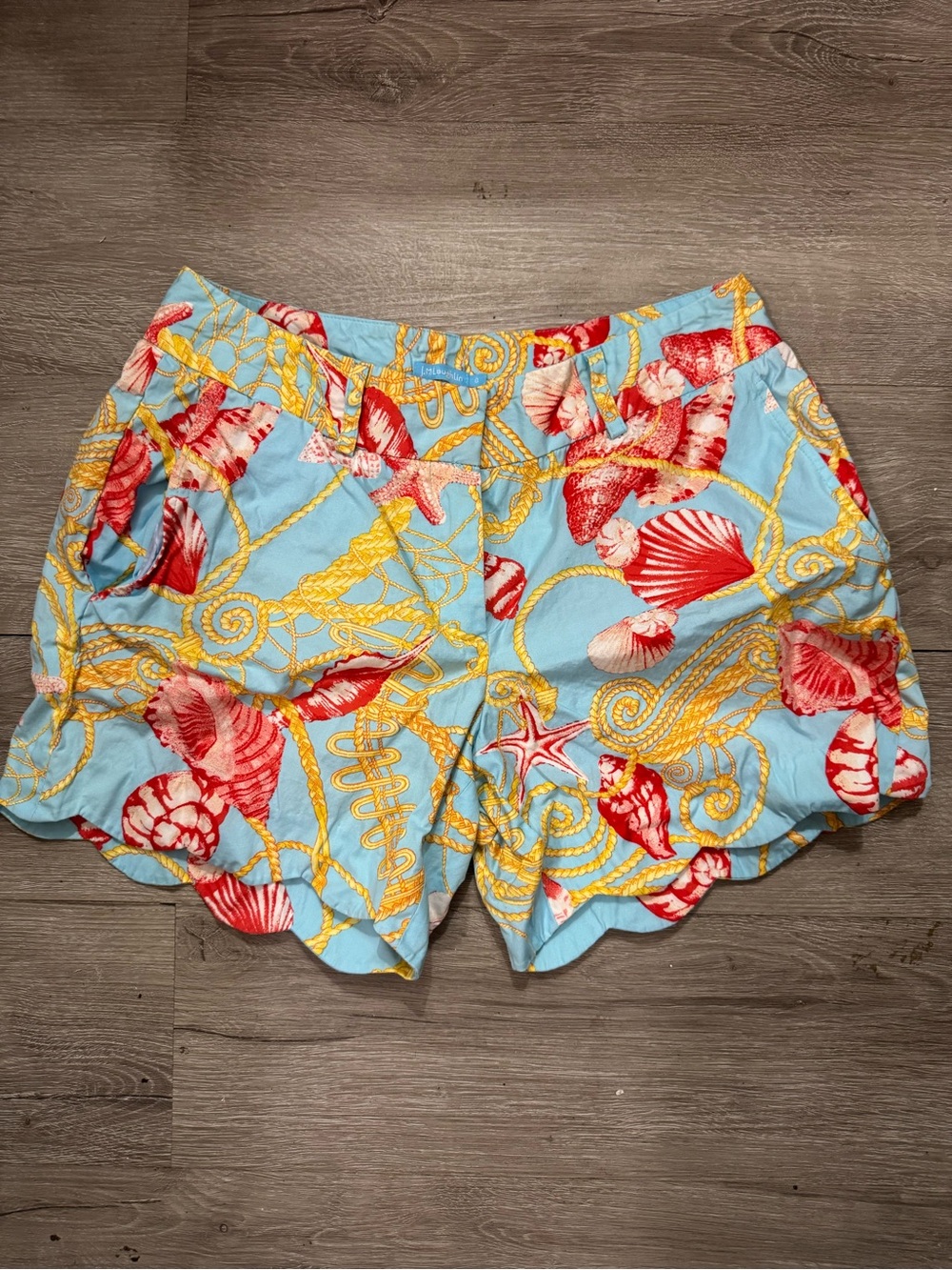 J. McLaughlin Light Blue Shorts with Coral Shell & Gold Rope Print